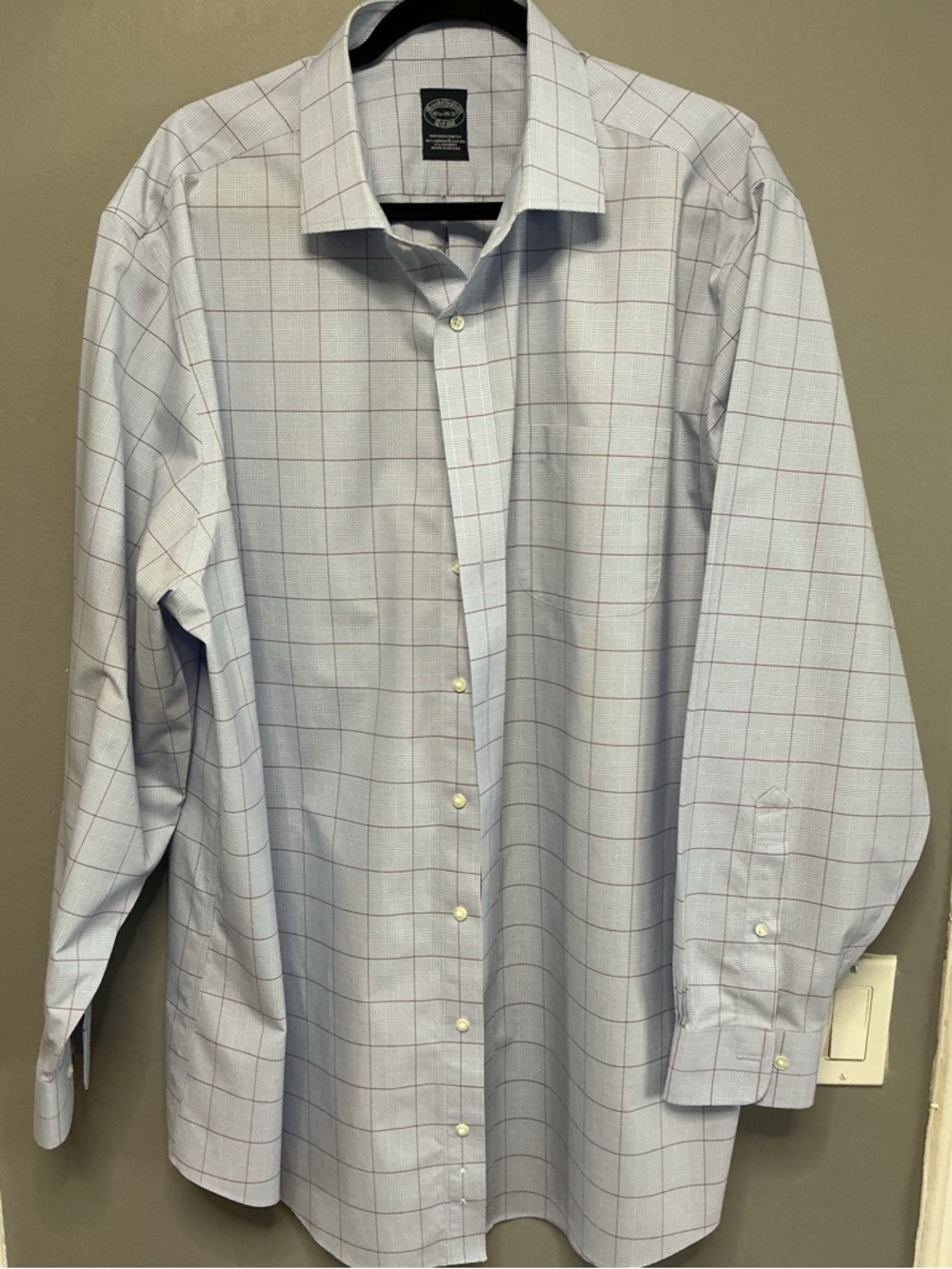 Brooks Brothers Light Blue Windowpane Dress Shirt with Red Stripes